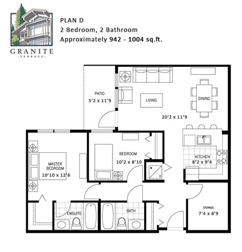 Floor plan for 2 beds, 2 baths, 1004 sqft